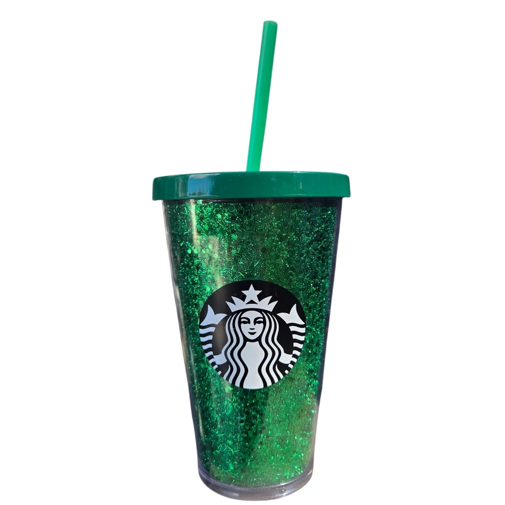 Starbucks 16oz Grande Tumbler Cold Cup with Straw Green Sparkle Logo Excellent